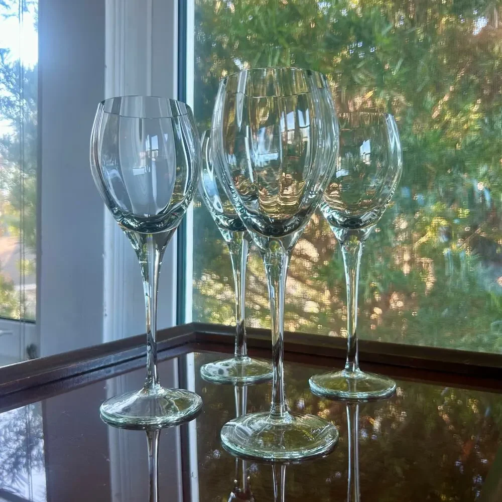 Vintage Blown Optic Wine Glasses Set of 4 Clear Faceted Stemware